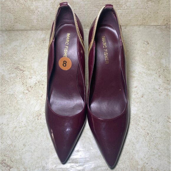Marc Fisher Burgundy Pointed Toe High Heels Gold Accents Workwear Party Prom - Picture 2 of 8